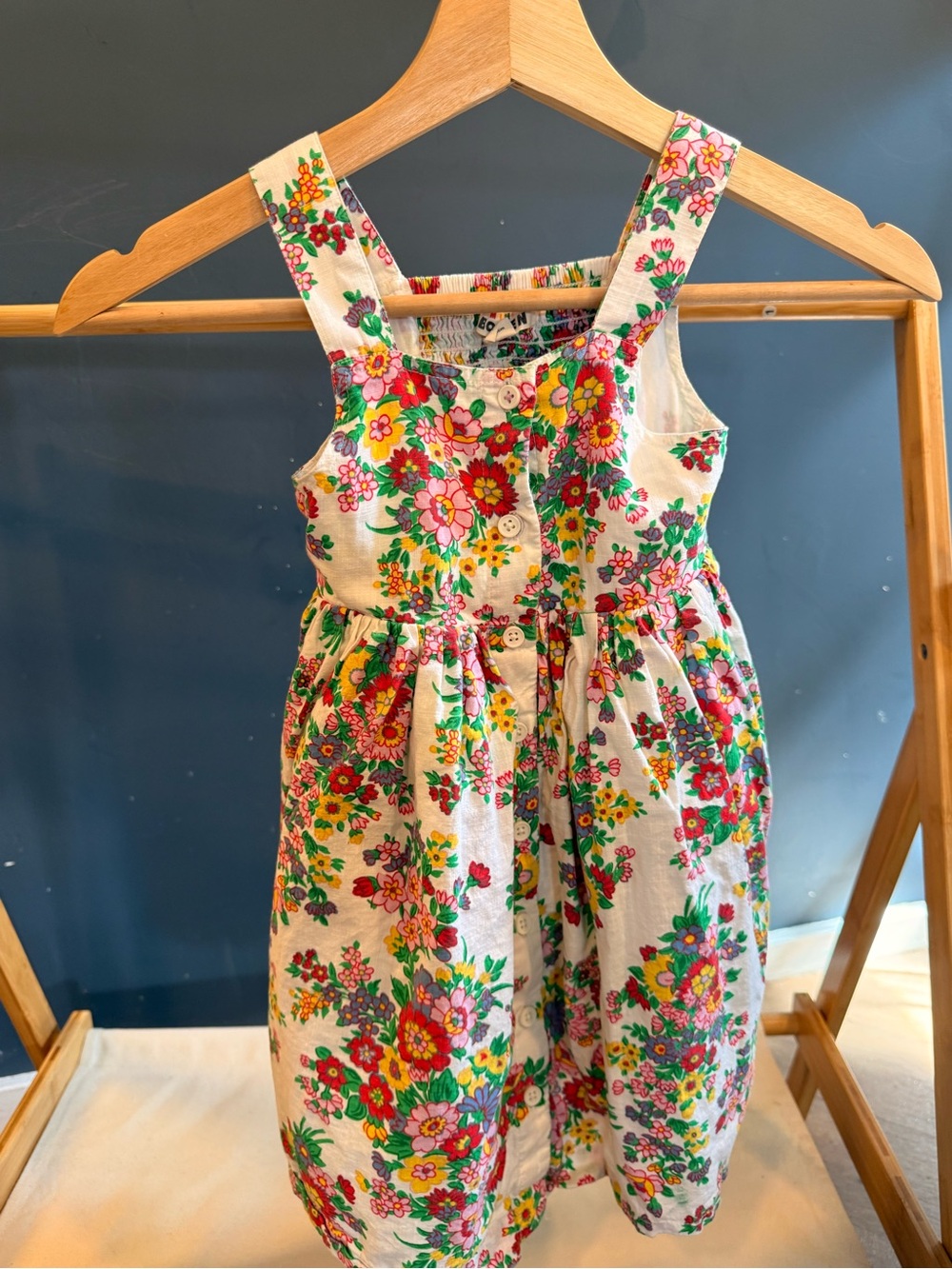 Mini Boden Floral Print Kids Dress - White with Multicolor Flowers 3-4Y